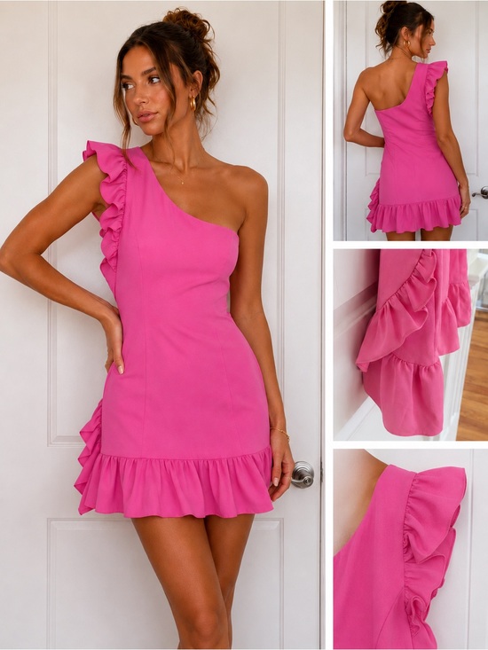 DO+BE Dresses & Skirts - DO+BE One-Shoulder Ruffle Mini Dress in Hot Pink